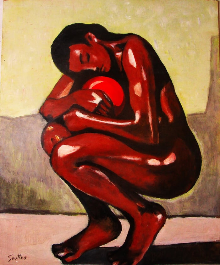 Baigneuse accroupie au ballon rouge. von Michel de Gouttes