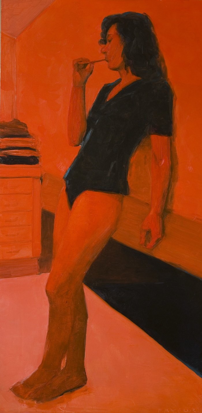 Portrait de femme debout en rouge et noir par Olivier Payeur