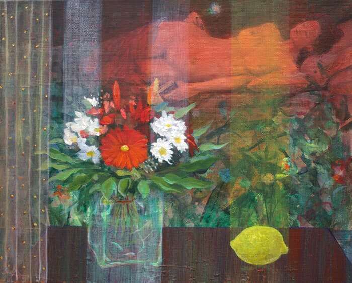 Tu t'étais endormie, un livre éteint dans ta main, une fleur suspendait ton rêve empli de désir. by François Pagé