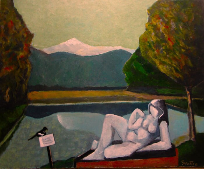 Sculpture au point d'eau avec pie curieuse. by Michel de Gouttes