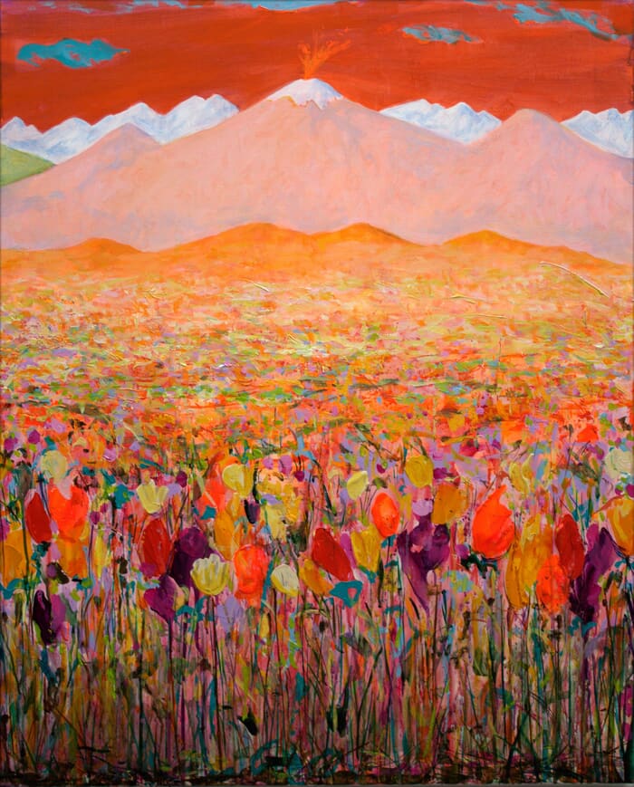 Un jeune volcan au loin montrait que sa mère vivait bien encore; un vent chaud gonflait les robes des jeunes princesses et laissait flotter leurs mains légères. Au dessus des neiges coiffant les sommets, quelques nuages désuets...... by François Pagé