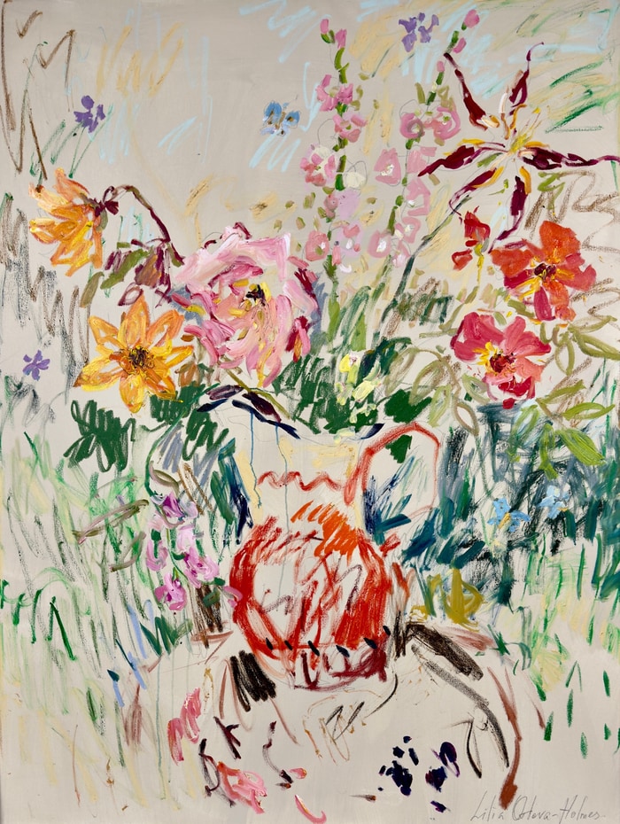 Still life with flowers and a blue moth  by Lilia Orlova-Holmes