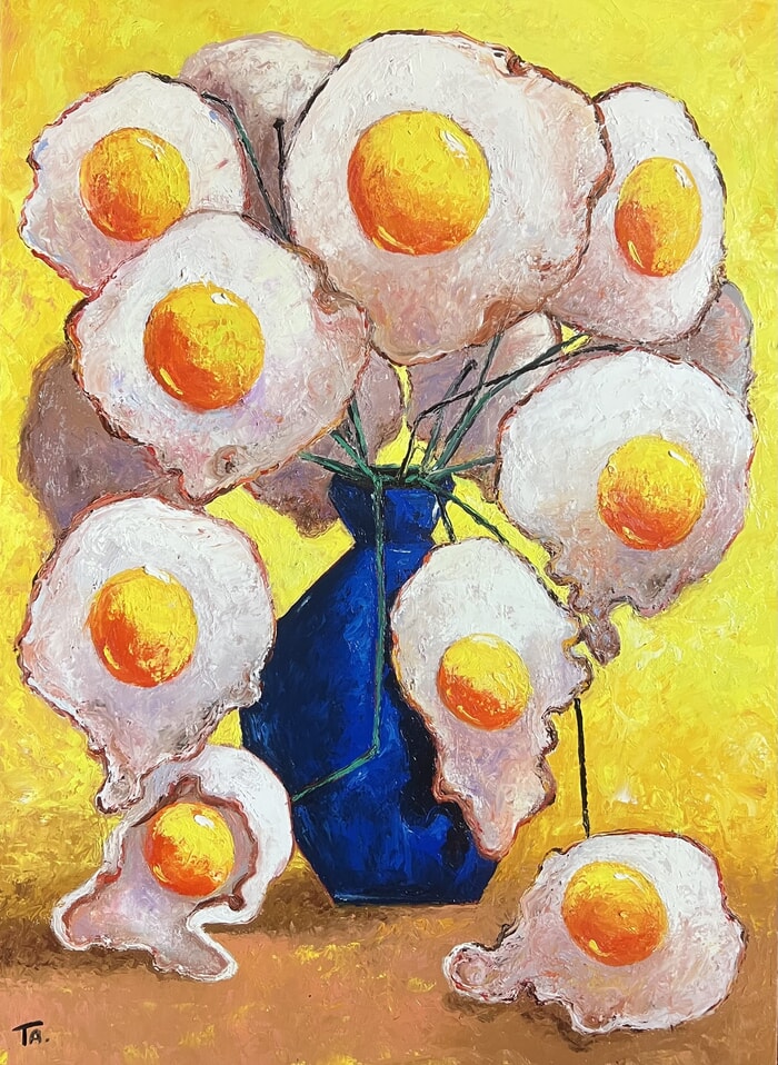 Egg Flowers in blue vase by Ta Byrne