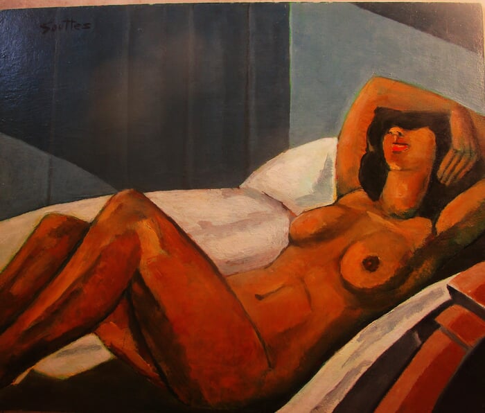 Nu allongé chambre bleue par Michel de Gouttes