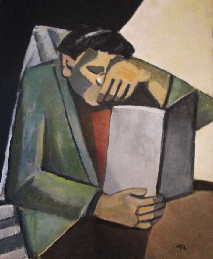 Modèle à la loupe lisant. par Michel de Gouttes