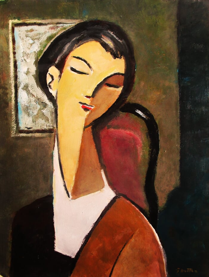 Jeune Femme au foulard blanc sur chaise rouge. by Michel de Gouttes