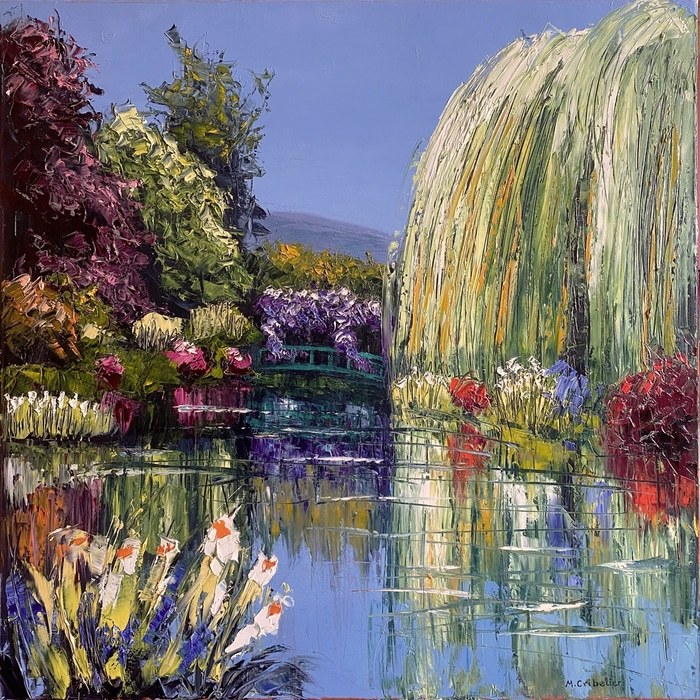 Reflets du saule pleureur, pont japonais avec glycines dans le jardin de Monet à Giverny by Michel Cribelier
