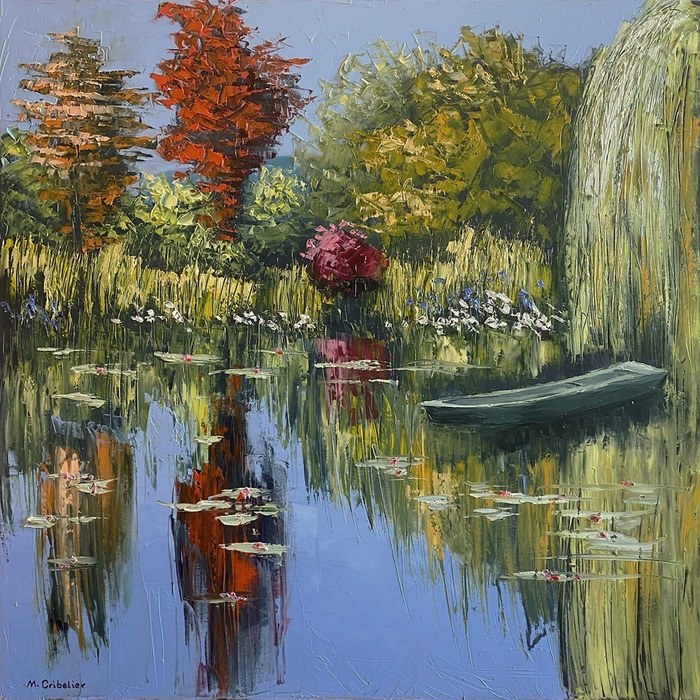 Reflets d'eau en automne avec barque dans le jardin Monet à Giverny by Michel Cribelier