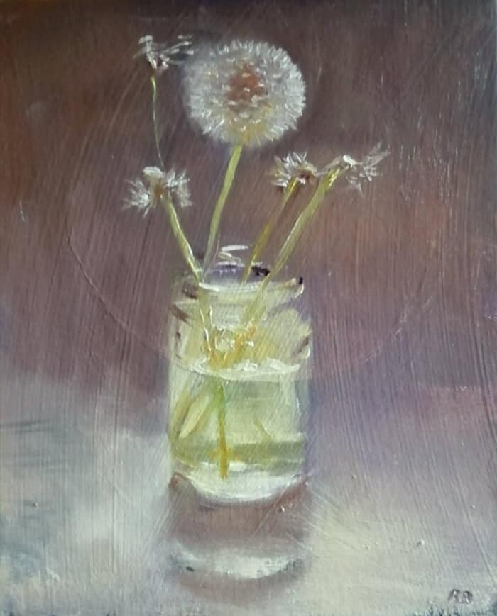 Dandelions in a jar by Rosemary Burn