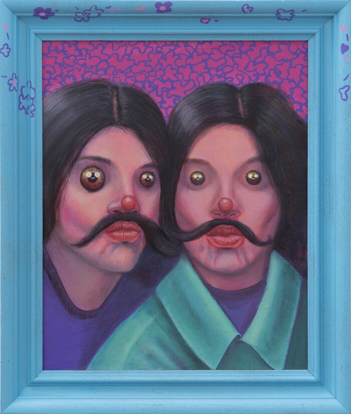 Twin Emoji Faces with Moustache. Framed Acrylic Painting by Natasha Lelenco
