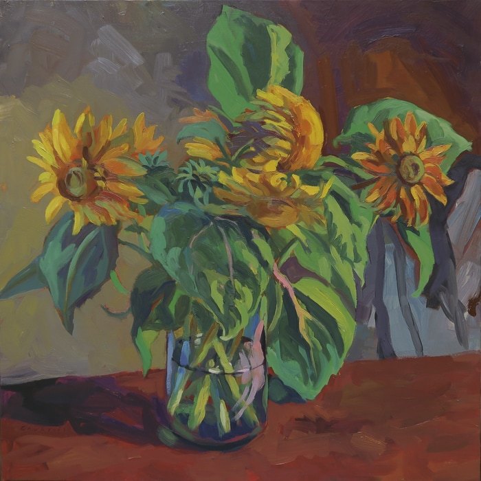 Tournesols sur table rouge par Hélène Courtois-Redouté