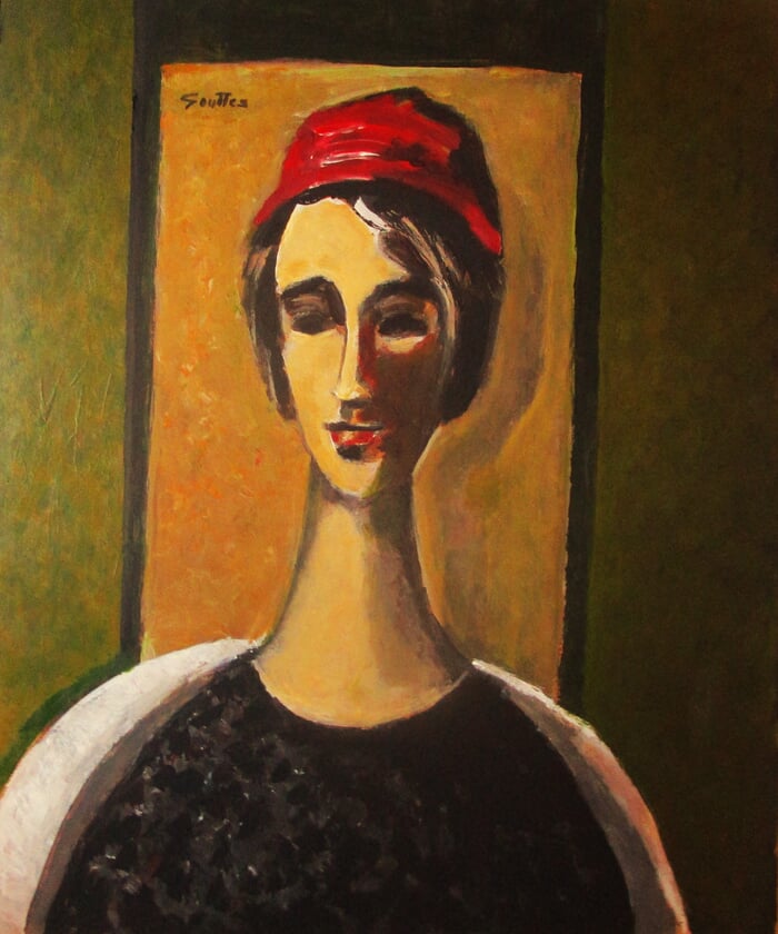 Buste de Femme au bonnet rouge,robe noire. von Michel de Gouttes