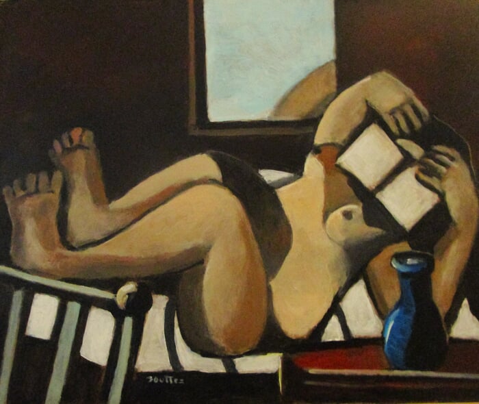 Nu allongé lisant avec vase bleu. by Michel de Gouttes