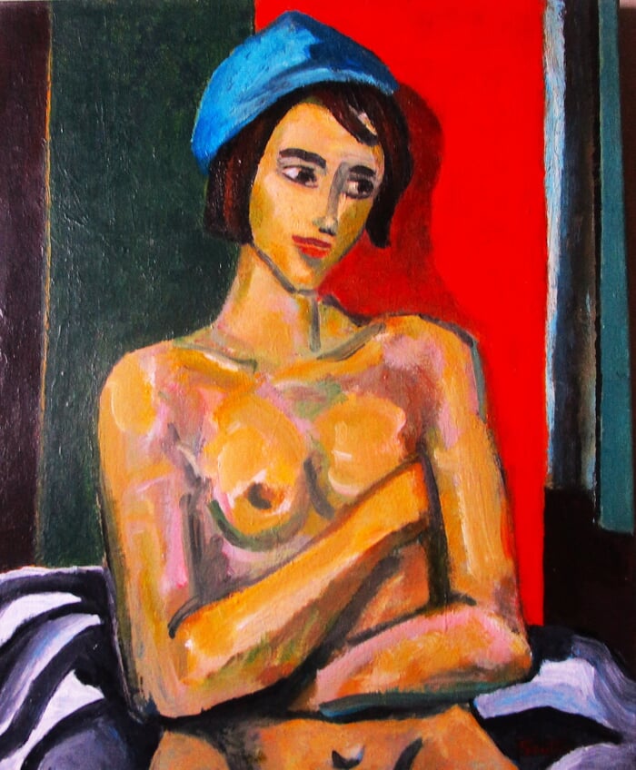 Nu assis, bras croisés avec bonnet bleu von Michel de Gouttes