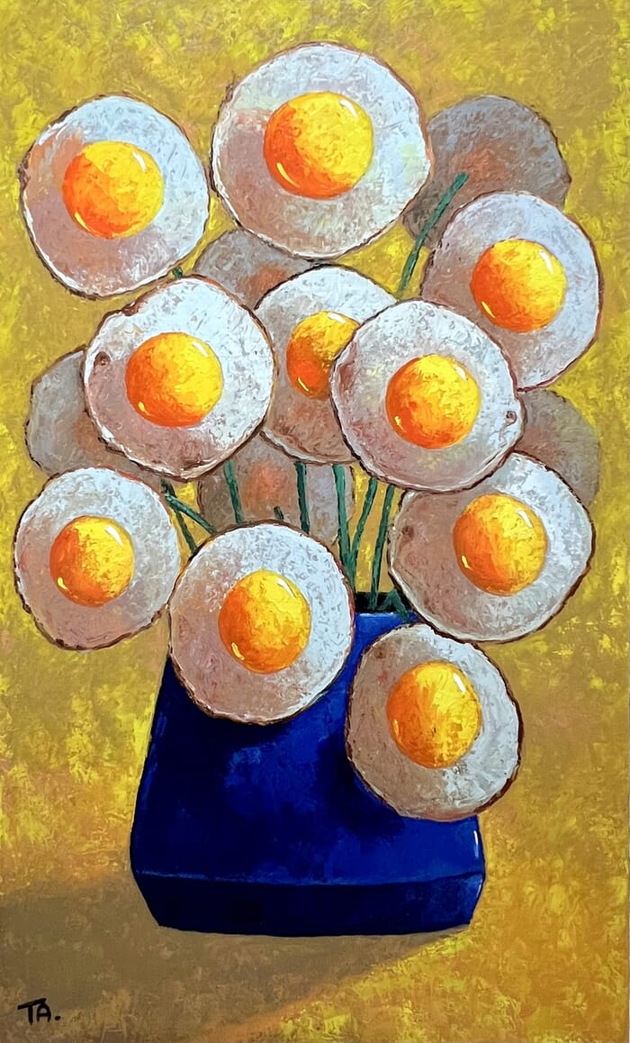 Egg flowers in blue vase von Ta Byrne