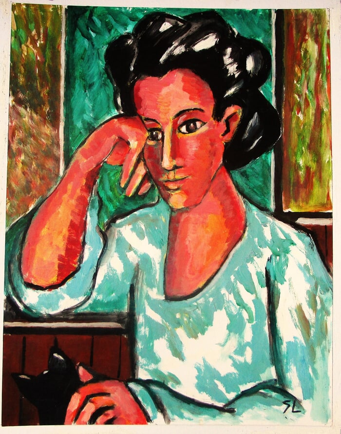 Femme pensive au chat. by Michel de Gouttes