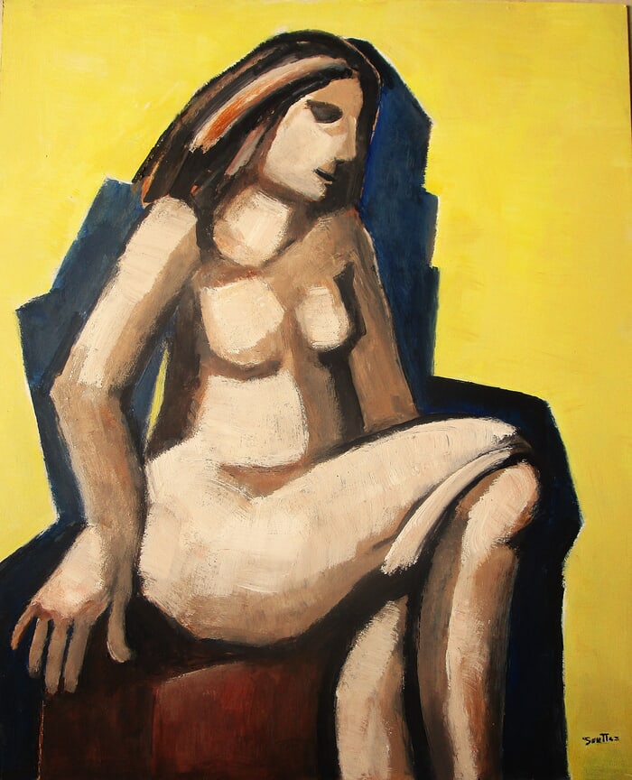 Femme assise sur coffre marron (Fond Jaune) par Michel de Gouttes