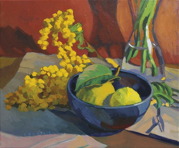 Bol bleu, citrons et mimosa von Hélène Courtois-Redouté