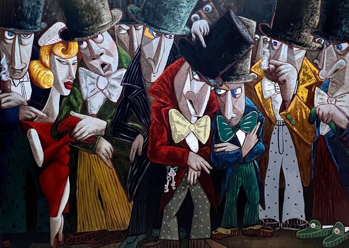 Conspirators and a lady in red by Ta Byrne