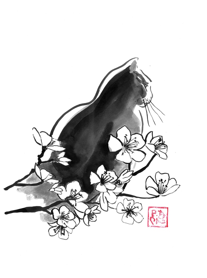 cat in the sakura by Péchane