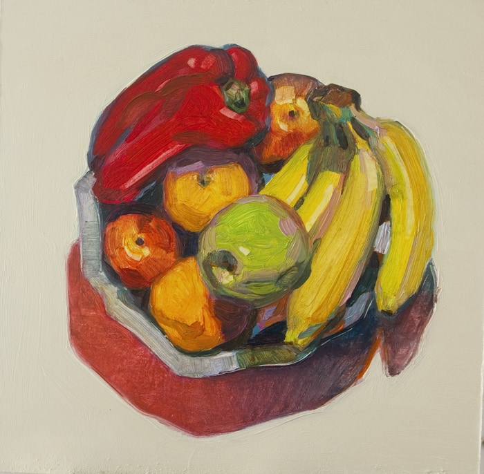 pepper bananas apple and peach in a plate by Olivier Payeur