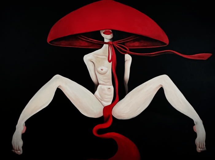 Nude woman in a red hat by Ta Byrne