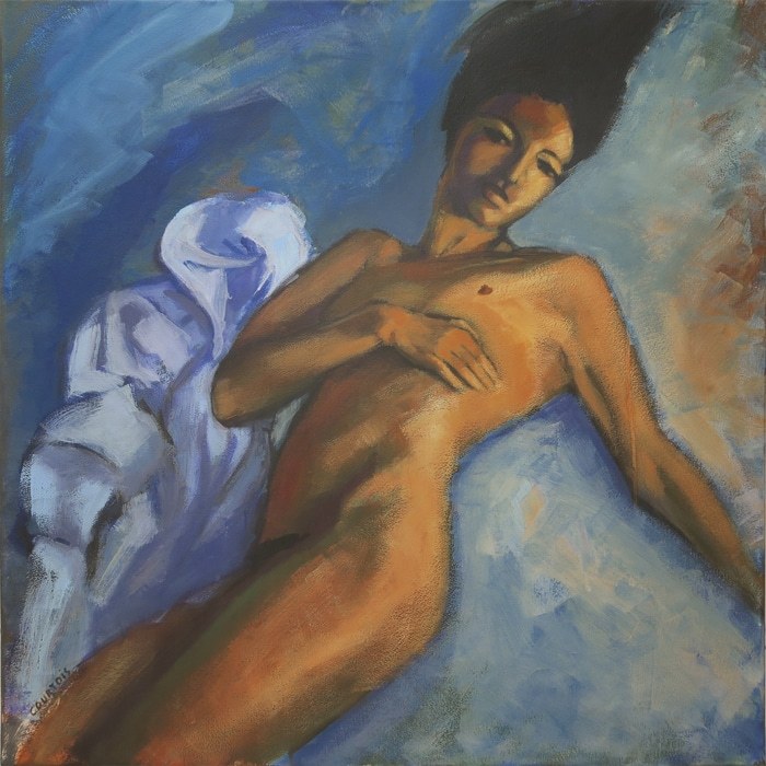 Grand nu sur fond bleu par Hélène Courtois-Redouté