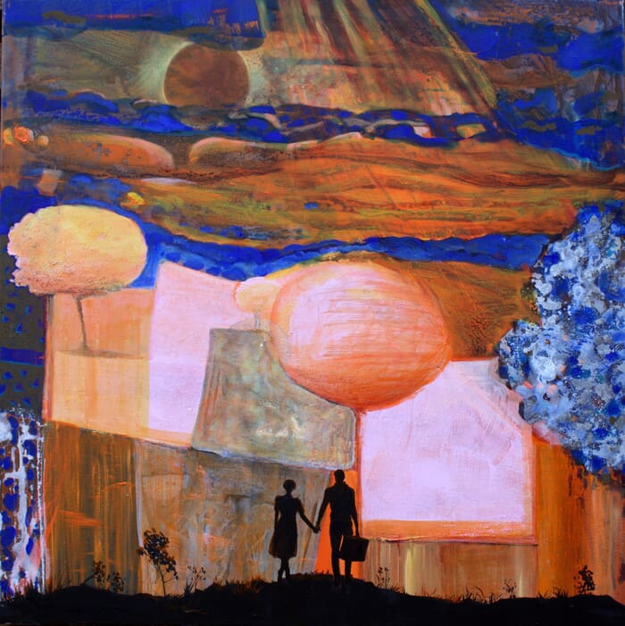 Éclipse. Après des jours de marche Simon et Sarah arrivèrent au bout du chemin. Le spectacle était indicible; dans sa main endormie dans la sienne, luisait précieuse la pierre amoureuse. von François Pagé