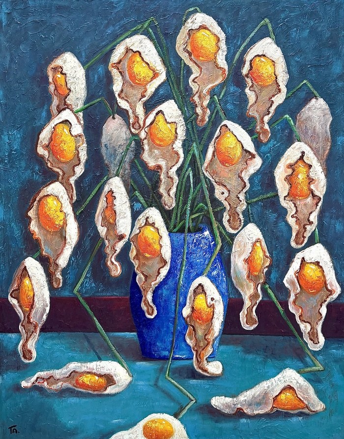Egg flowers in blue vase by Ta Byrne
